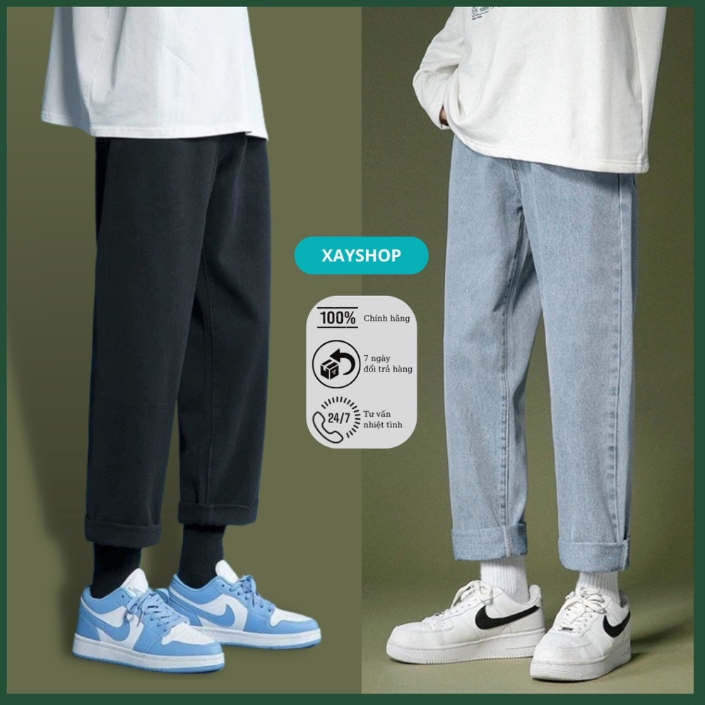Quần jean nam xanh đen chất bò dáng suông đứng XAYSHOP. Quần baggy nam , jeans, ống suông rộng 2022