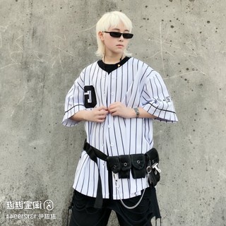 Áo bóng chày nam nữ form rộng phối sọc đen unisex
