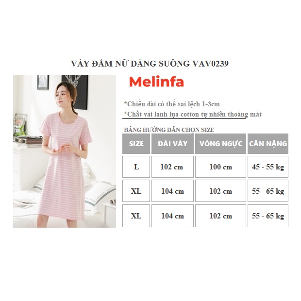 Váy đầm ngủ nữ ngắn tay, dáng suông, kẻ ngang mặc nhà hàng ngày vải Cotton tự nhiên thoáng mát mã VAV0239