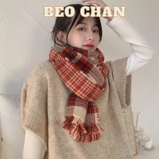 Khăn quàng cổ nam nữ choàng cổ nam len dạ lông thỏ caro đỏ vintage tặng quà noel tết khăn đôi mềm mịn dày cực ấm beochan