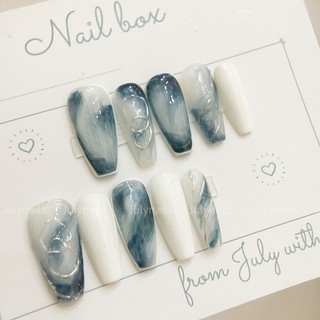 Móng giả thiết kế tự úp nb032- nailbox vẽ tay loang xanh nail box thiết kế julynails.vn