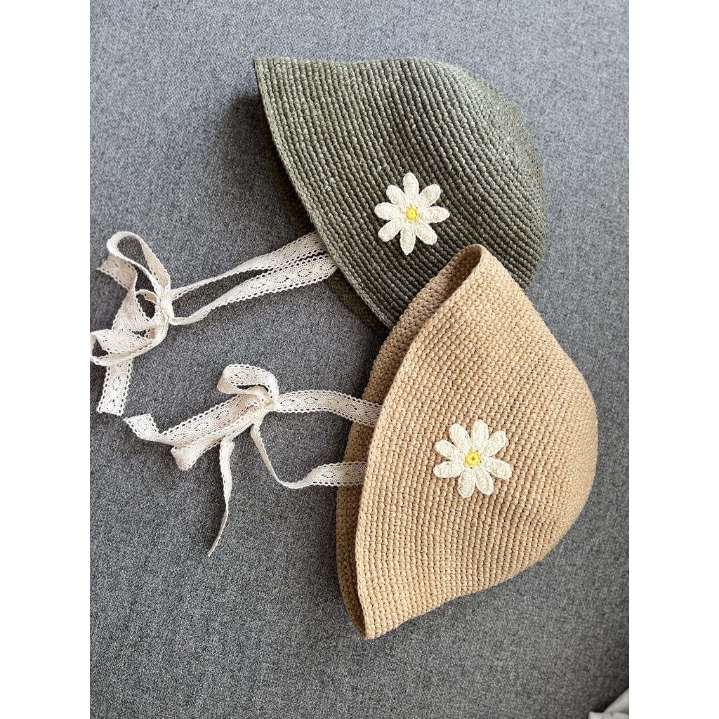 Nón len handmade - hoa cúc họa mi trang trí - có quai nón bằng ren siêu xinh