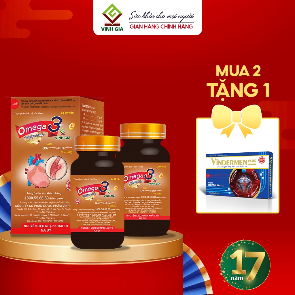 Omega 3 VINH GIA 2 Hỗ Trợ Tim Mạch Giàu EPA, DHA Tăng Cường Sức Khoẻ Hiệu Quả - Hộp 60 Viên