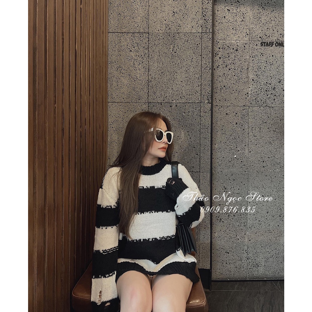 Áo len nữ tay dài sọc rách form rộng hàng nhập QC!  THẢO NGỌC STORE