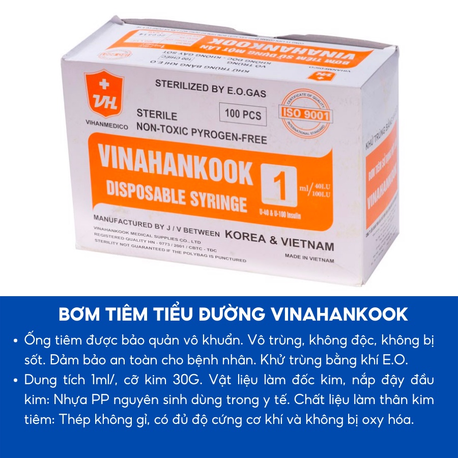 Bơm tiêm tiểu đường, tiêm isulin, dưỡng chất Vinahankook 1ml 30G