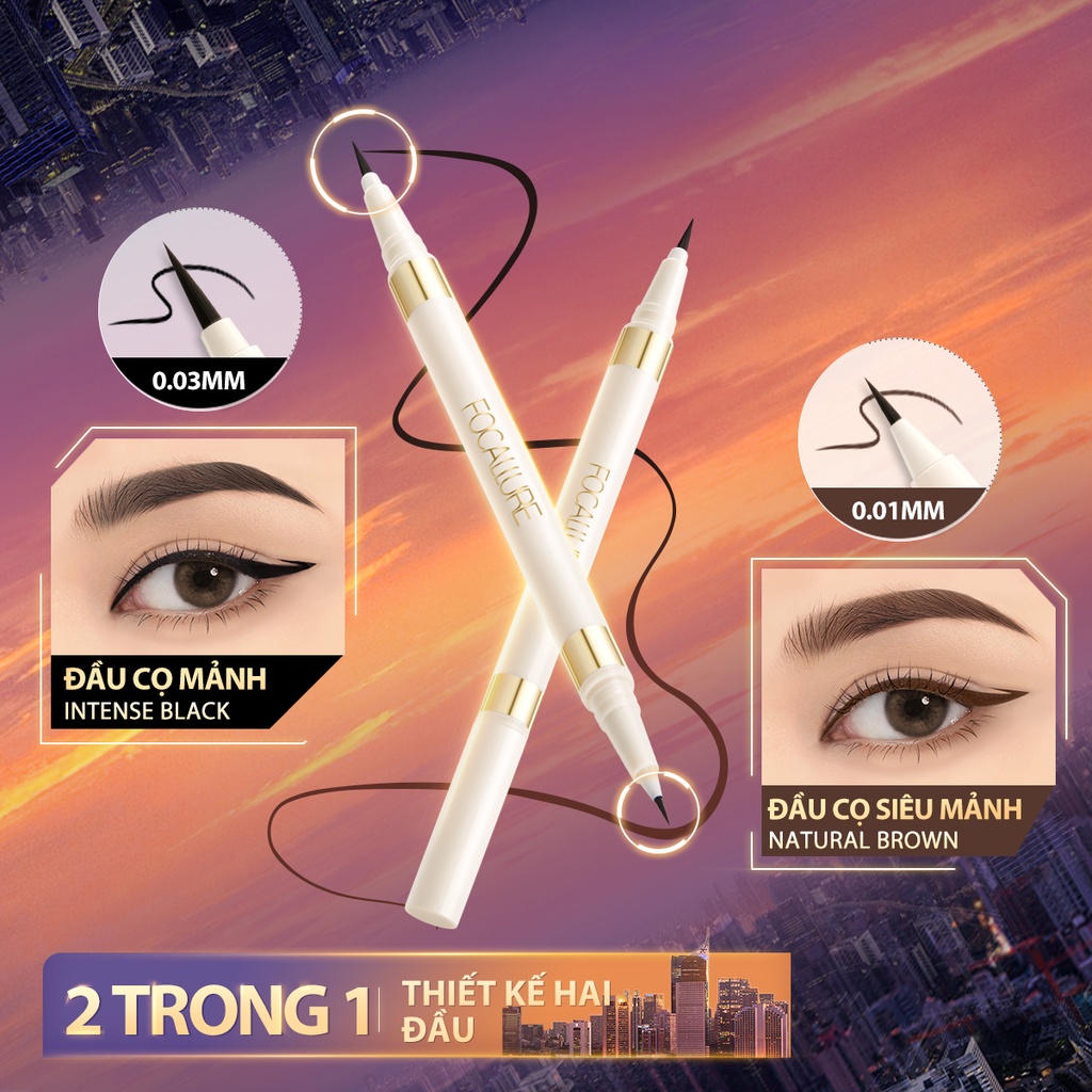 Bút kẻ mắt dạng lỏng FOCALLURE 2 đầu trong 1, 2 đầu màu đen nâu khô nhanh chống nước không nhòe 1.2g