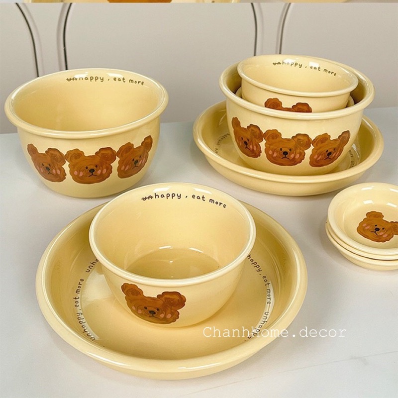 Bộ tô đĩa gốm sứ in hình Bear Gấu Nâu viền chữ đáng yêu, set chén gia vị bát đĩa ăn cơm, đựng đồ ăn |Chanhhome.decor|