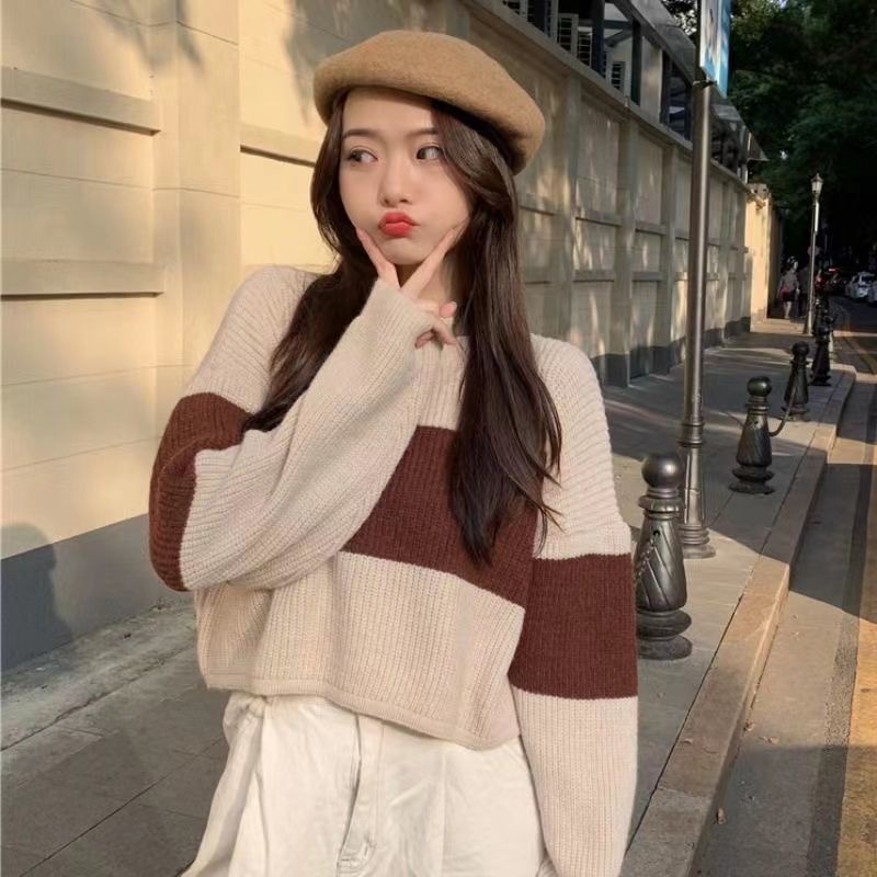 Áo Sweater Dệt Kim Dáng Rộng Ngắn Kẻ Sọc Màu Sắc Tương Phản Kiểu Vintage Nhật Bản