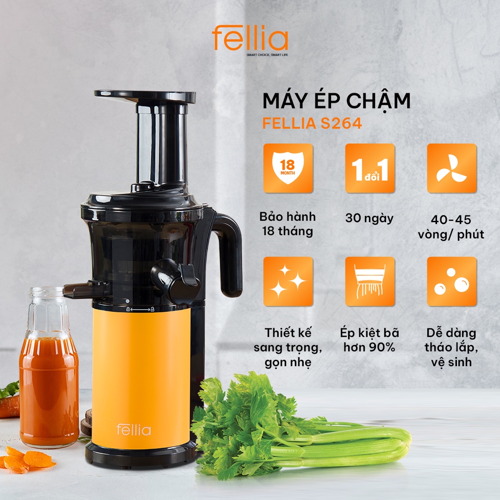 [VOUCHER 100] Máy ép chậm trái cây rau củ Fellia S264 nhỏ gọn - ép kiệt bã | Bảo hành 18 tháng - 1 đổi 1 trong 30 ngày