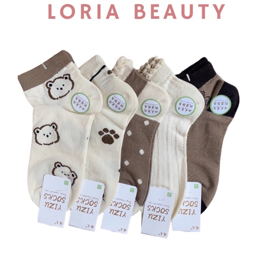 Set 5 tất Smile tông nâu họa tiết xinh xắn dễ thương - Kèm ảnh thật