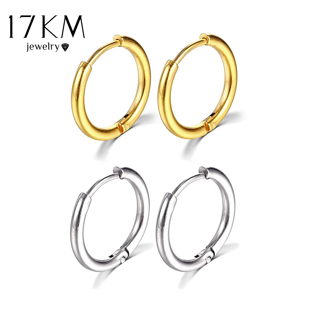 Khuyên tai 17KM mạ vàng / bạc/ đen dạng tròn đơn giản thời trang cho nam nữ