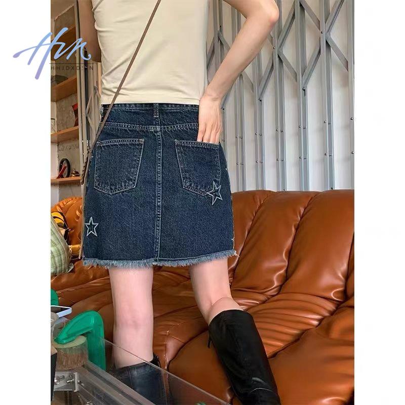 Chân Váy Denim Eo Cao Thêu Ngôi Sao Phong Cách Retro Mỹ Dành Cho Nữ