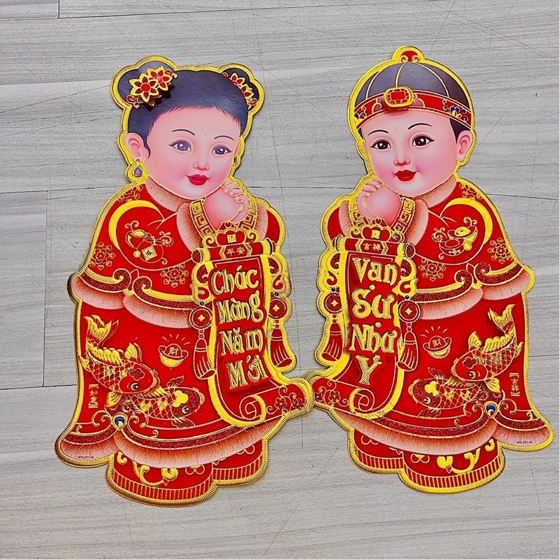 Set Tiên Đồng Ngọc nữ Đỏ nhung ép kim tuyến đẹp