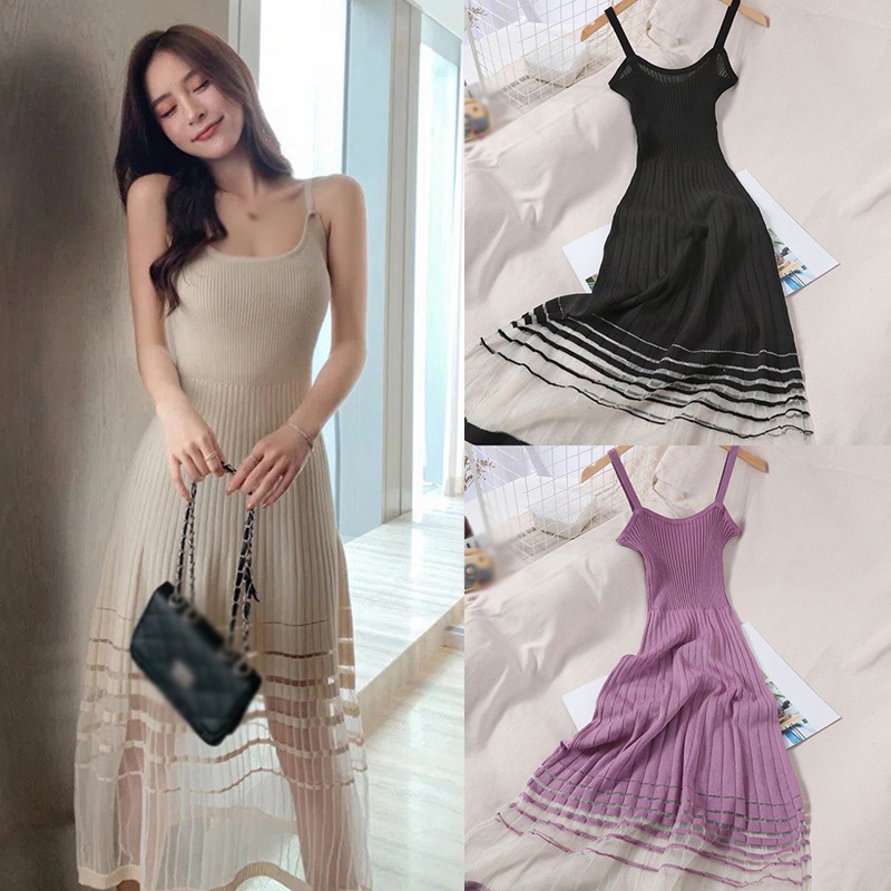 Đầm Dệt Kim Sát Nách Dáng Chữ A Phối Lưới Thời Trang Mùa Hè Quyến Rũ Cho Nữ
