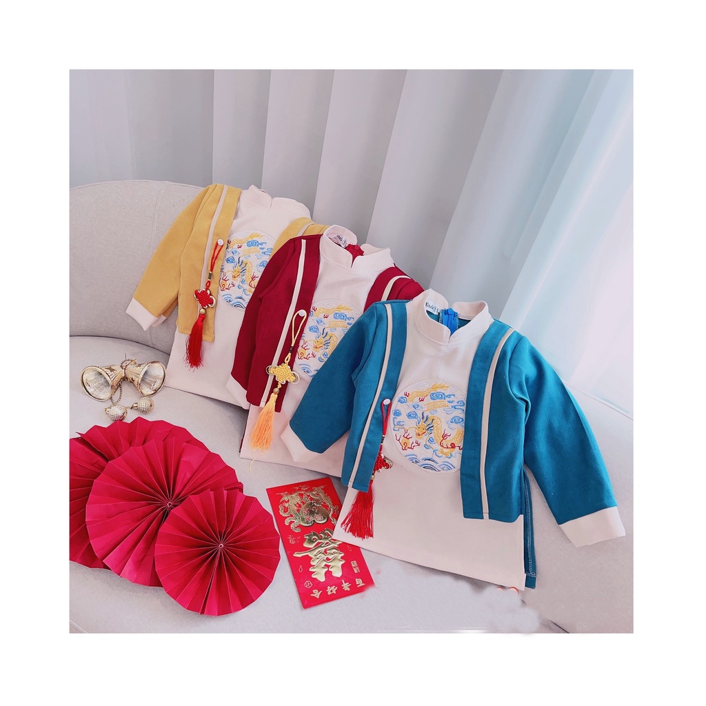 Áo dài cách tân bé trai chất nhung li tặng kèm khánh đeo 8kg đến 28kg