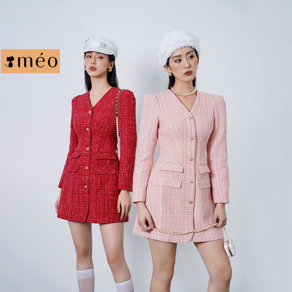 Váy liền nữ Méo shop dạ tweed dài tay cổ V cài cúc phối túi nắp Eplan