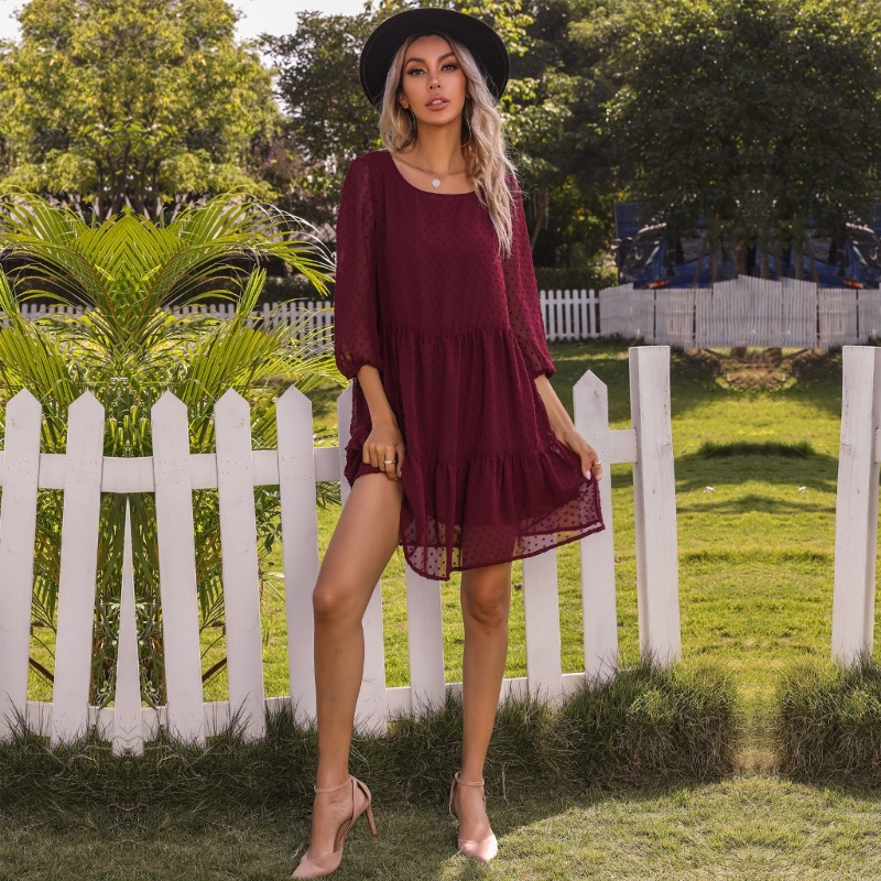 Xiangbao Đầm Hoa Văn Chấm Bi Tay Dài Cổ Chữ V Gợi Cảm Cho Nữ