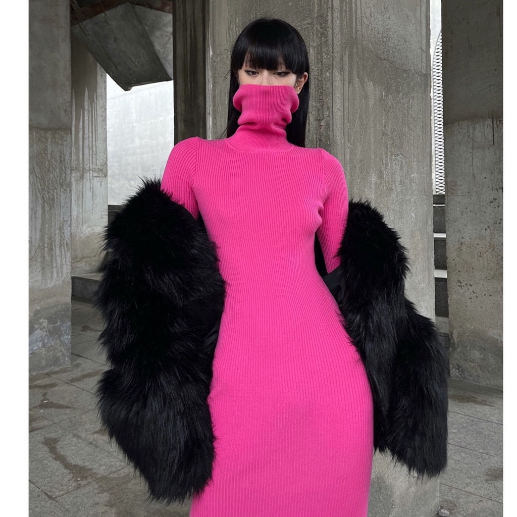 Bán Chạy! Giảm Giá Nóng!F &amp; X Đầm Dệt Kim Dáng Dài Qua Gối Cổ Cao Xẻ Tà Màu Hồng Thiết Kế Niche Kiểu Mới Dễ Phối Đồ Uni