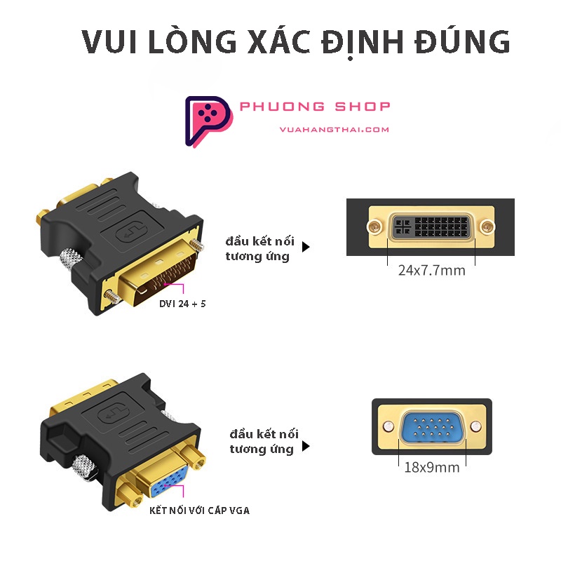 Đầu chuyển DVI 24+5 to VGA Cao Cấp - DVI sang VGA - mạ vàng, ốc siết bằng kim loại, Kết nối màn hình, máy chiếu