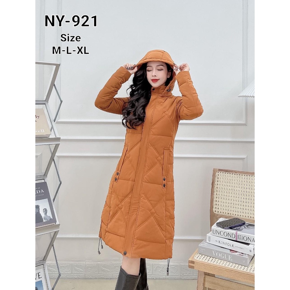 P921 -  Áo khoác phao nữ dáng dài siêu nhẹ dày ấm cản gió có mũ tháo rời