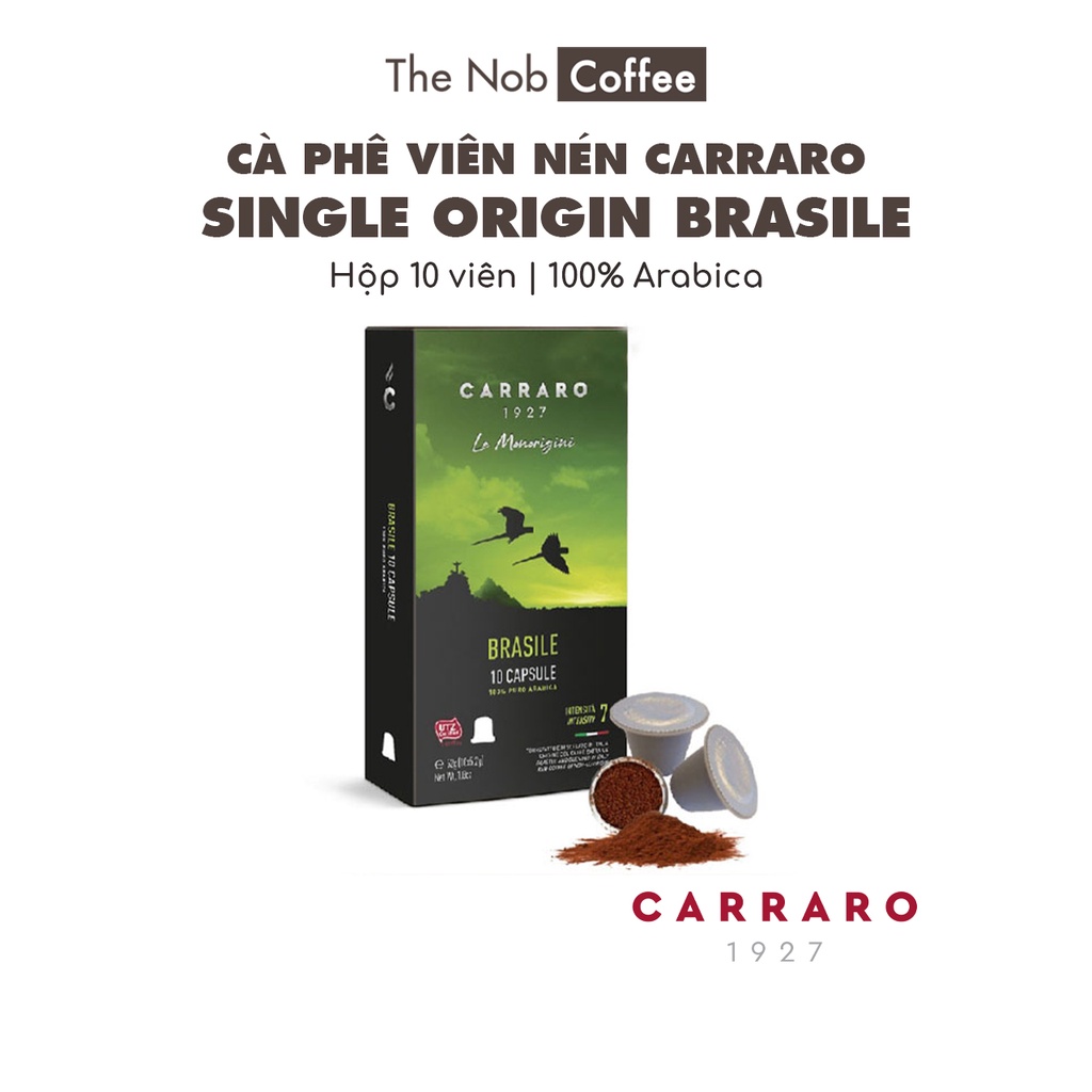 Cà phê viên nén CARRARO SINGLE ORIGIN BRASILE | Cà phê cho máy Nespresso, nhập khẩu Ý, hộp 10 viên