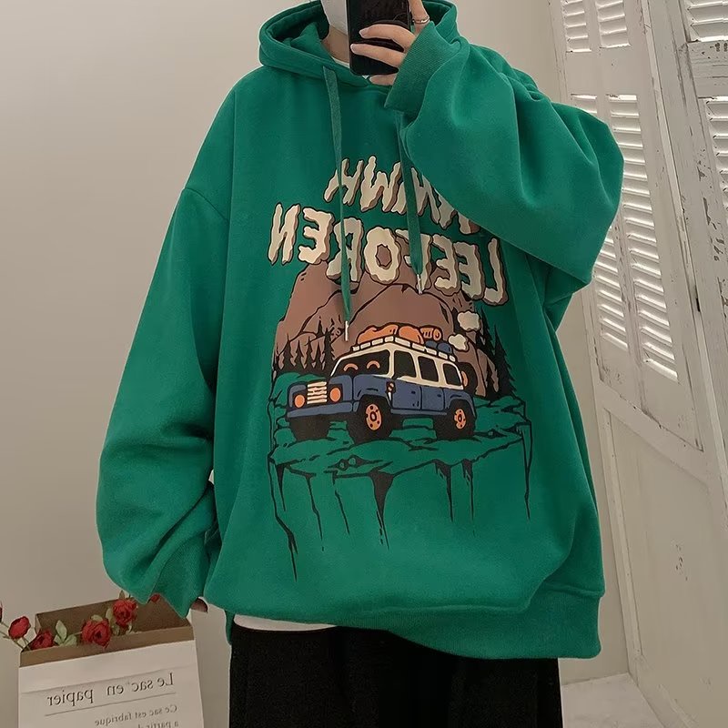 Áo Hoodie Dáng Rộng In Họa Tiết Hoạt Hình Giáng Sinh Màu Xanh Lá Thời Trang Thu Đông Cho Nam Và Nữ Size M-5XL