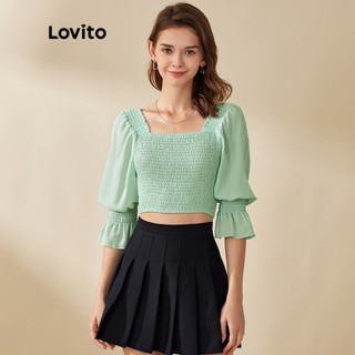 Lovito Áo Croptop Cổ Vuông Màu Xanh Lá L20D1278