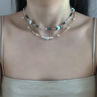 𝐓𝐇𝐄𝐎 - Dây Chuyền Choker Pha Lê Hạt Trai Xám