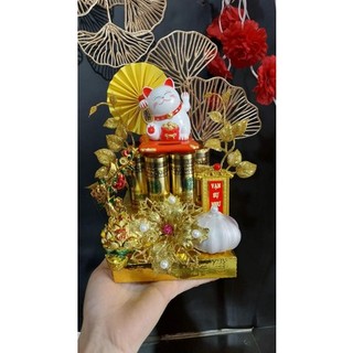 Tháp tiền tài lộc mix tỏi và mèo thần tài