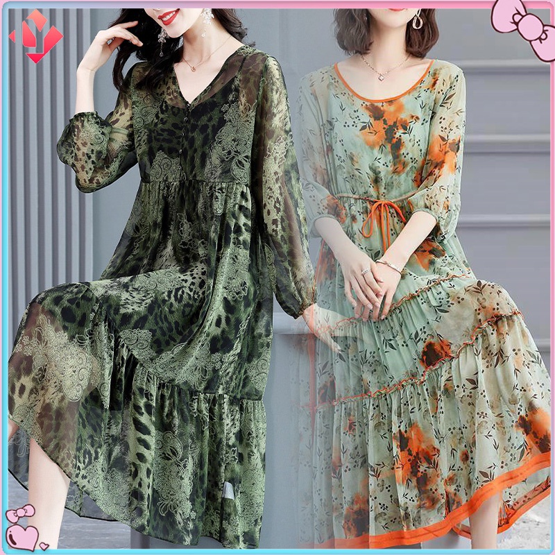 Đầm Chiffon Dáng Rộng In Họa Tiết Da Báo Màu Xanh Lá Thời Trang Mùa Thu 2023 Mới Chất Lượng Cao Cho Nữ