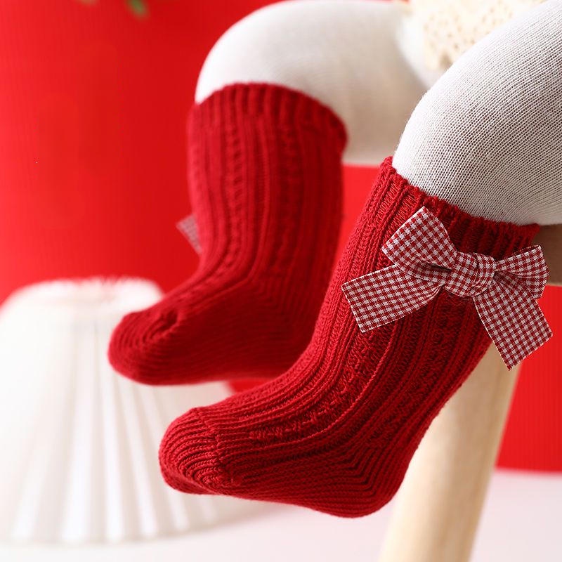 Vớ Cotton Cổ Cao Màu Đỏ Đính Nơ Thời Trang Giáng Sinh Năm Mới Cho Bé Gái Sơ Sinh