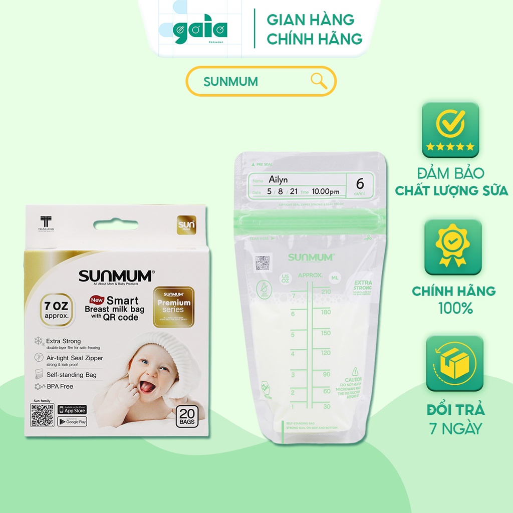 Túi Trữ Sữa SUNMUM Cao Cấp Premium Series Thiết Kế 2 Lớp Khóa Chắc Chắn, Giúp Bảo Quản Sữa Cho Bé An Toàn 210ml