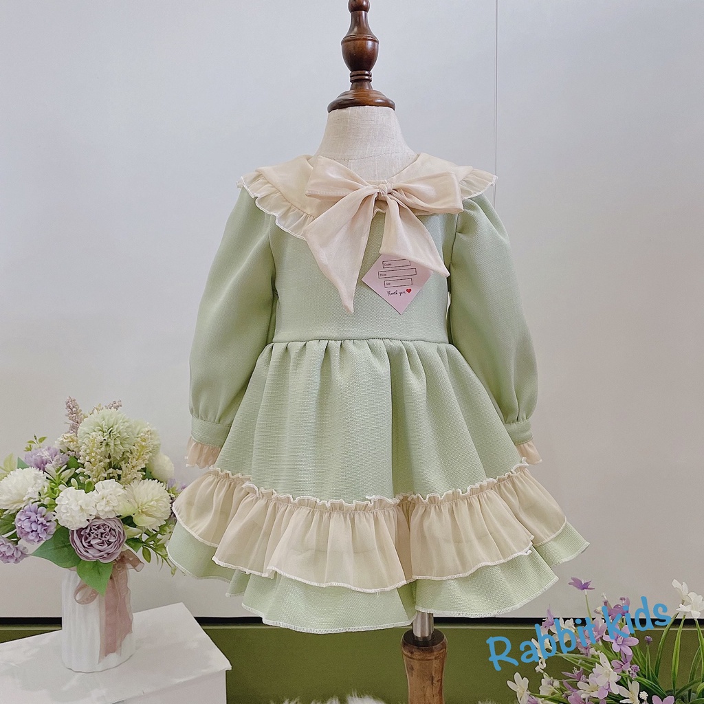 Đầm Dài Tay Cho Bé Gái 1,2,3,4 Tuổi💝FREESHIP💝 Rabbit Kids-Váy Dạ Tweed Xanh Nơ Cổ Lụa Tơ Bóng Dài Tay Trẻ Em 5-18kg