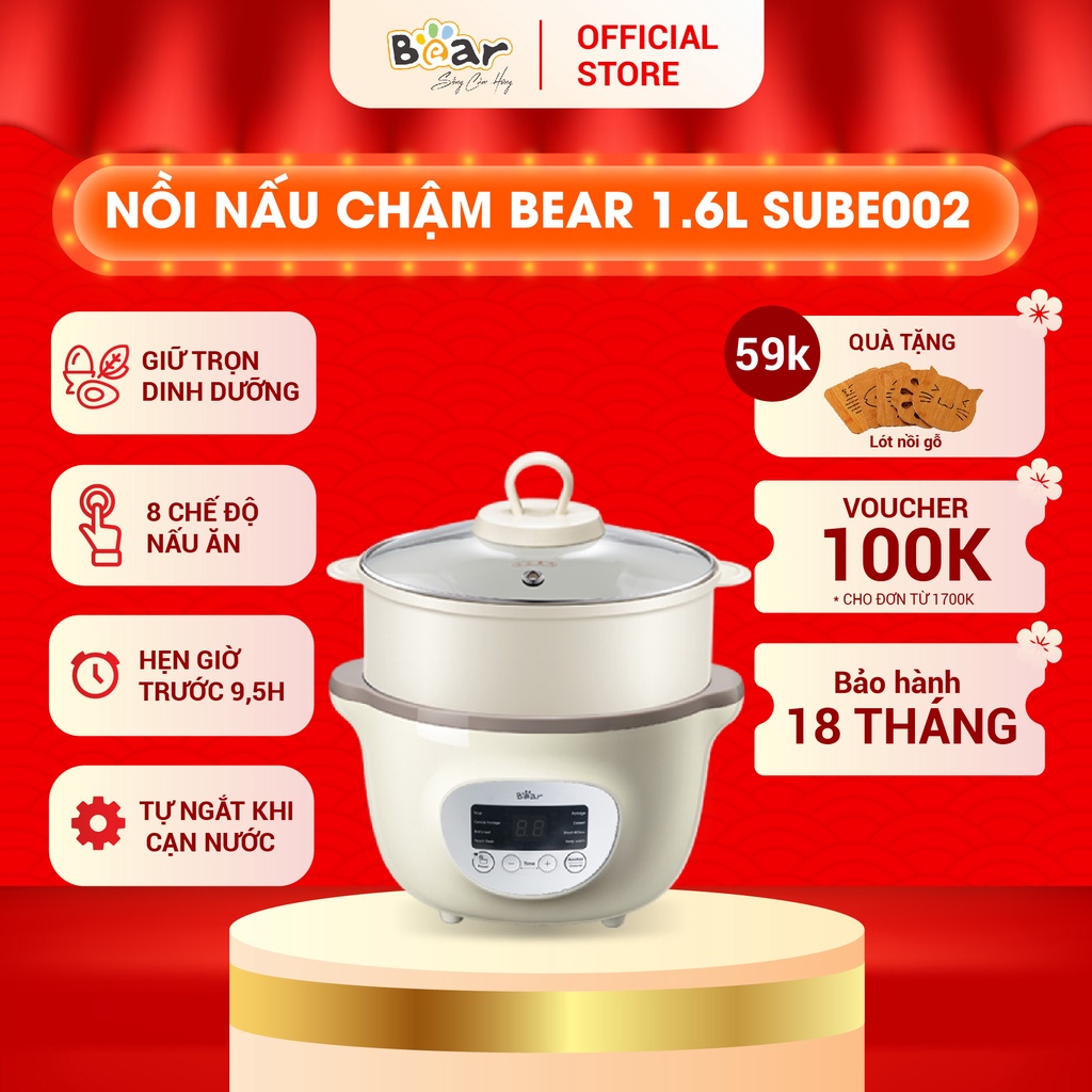 Nồi Nấu Chậm 1,6L Bear Chính Hãng Đa Năng Nấu Cháo, Chưng Yến Bản Quốc Tế Bảo Hành 18 Tháng - SUBE002