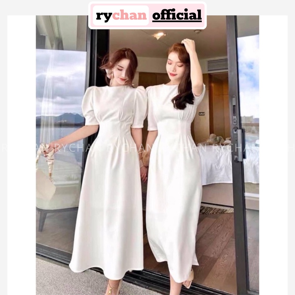 [ẢNH THẬT CUỐI] Đầm Dáng Dài Cổ Tròn Xếp Li Eo Sành Điệu, Đầm Nữ Tôn Dáng Tay Ngắn Màu Đỏ Trắng-DX168