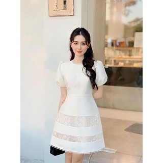 [JAMELA] Đầm midi cổ tròn tay phồng phối ren
