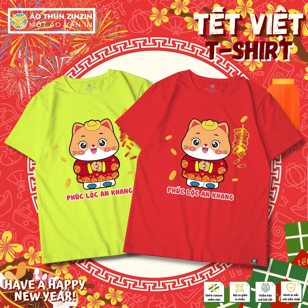 Áo thun tết mèo thần tài cổ tròn 100 phần trăm cotton 4 chiều mềm mịn, thoáng mát, thấm hút mồ hôi (mẫu 22)