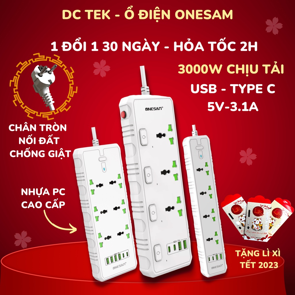 Ổ cắm điện đa năng Onesam, ổ cắm điện chịu tải 3000W có cổng USB TypeC Nhựa PC chống cháy chống giật, dây nối dài 2m