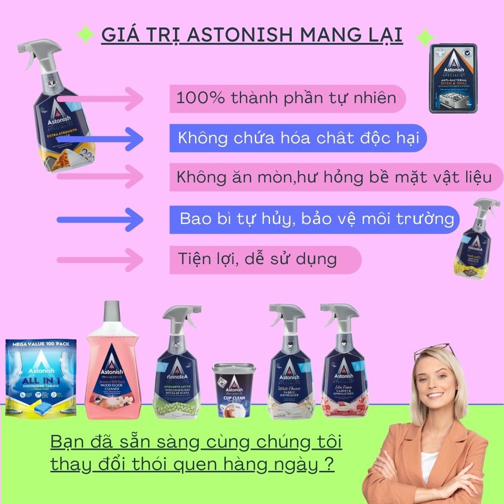 Vệ sinh ghế sofa thảm nỉ Astonish C6720 chai 750ml hương hoa sen nhập khẩu Anh an toàn với trẻ nhỏ