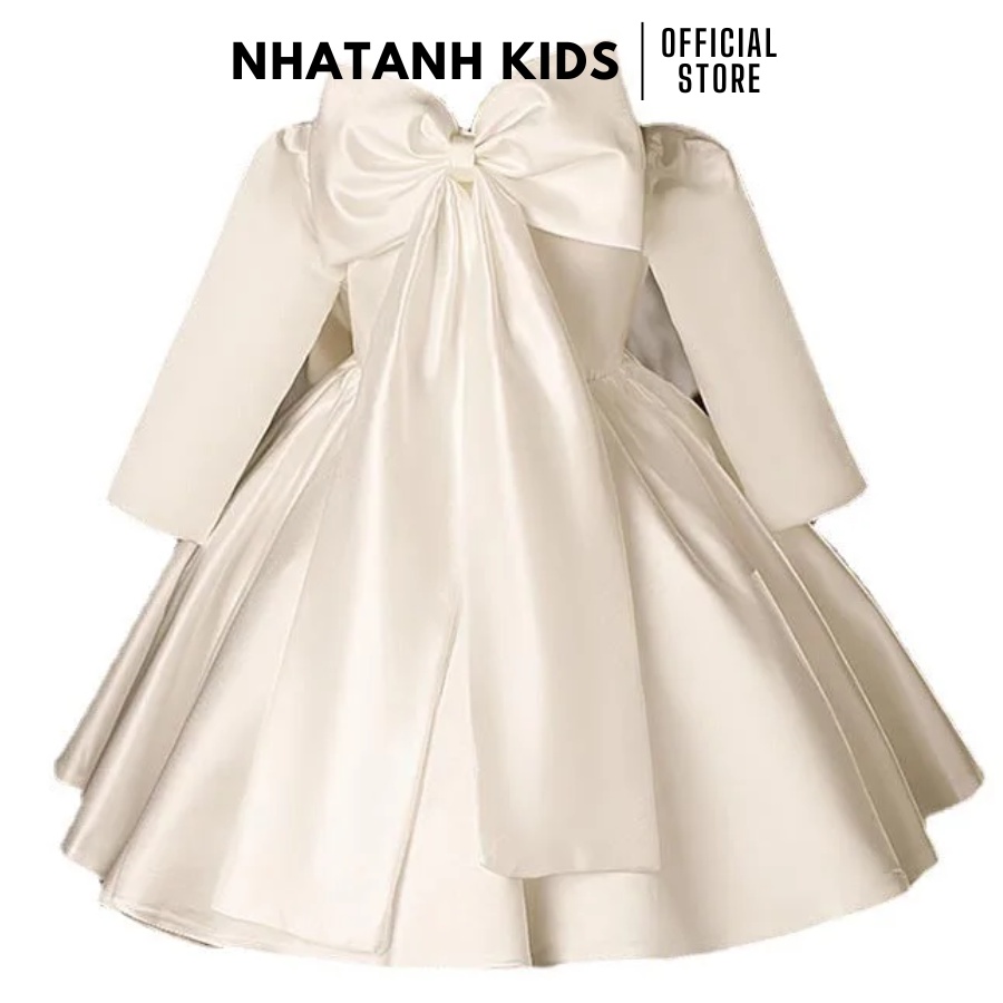 Đầm công chúa bé gái NHATANH KIDS màu trắng tay dài gắn nơ đằng sau cho bé từ 0-12 tuổi NA06