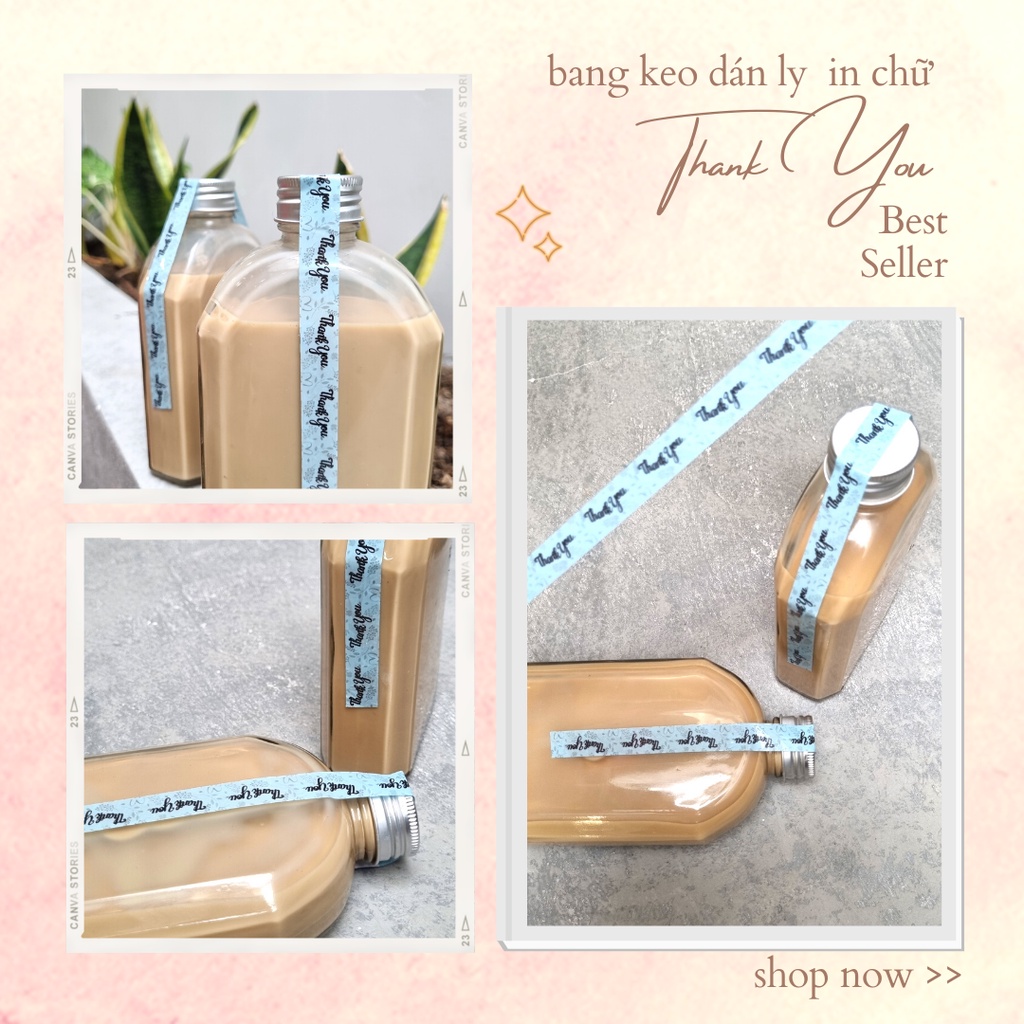 Cuộn băng keo dán ly trà sữa, dán chai, dán hộp in chữ THANK YOU -