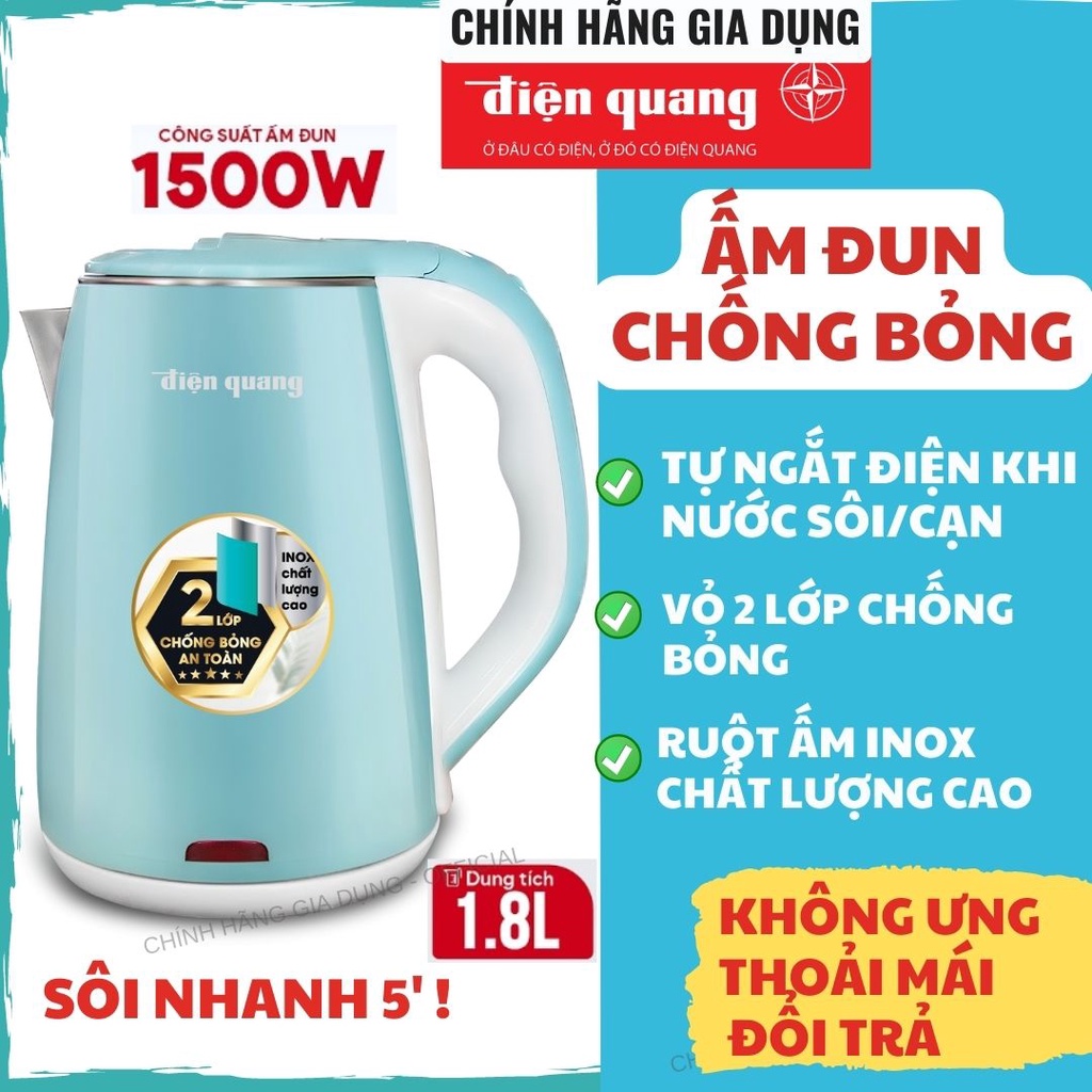 ⭐ Ấm Đun Siêu Tốc Chống Bỏng Điện Quang – Vỏ nhựa mát, Inox Chất lượng cao, 1.8L. Bảo hành 12 tháng [HÀNG CHÍNH HÃNG]