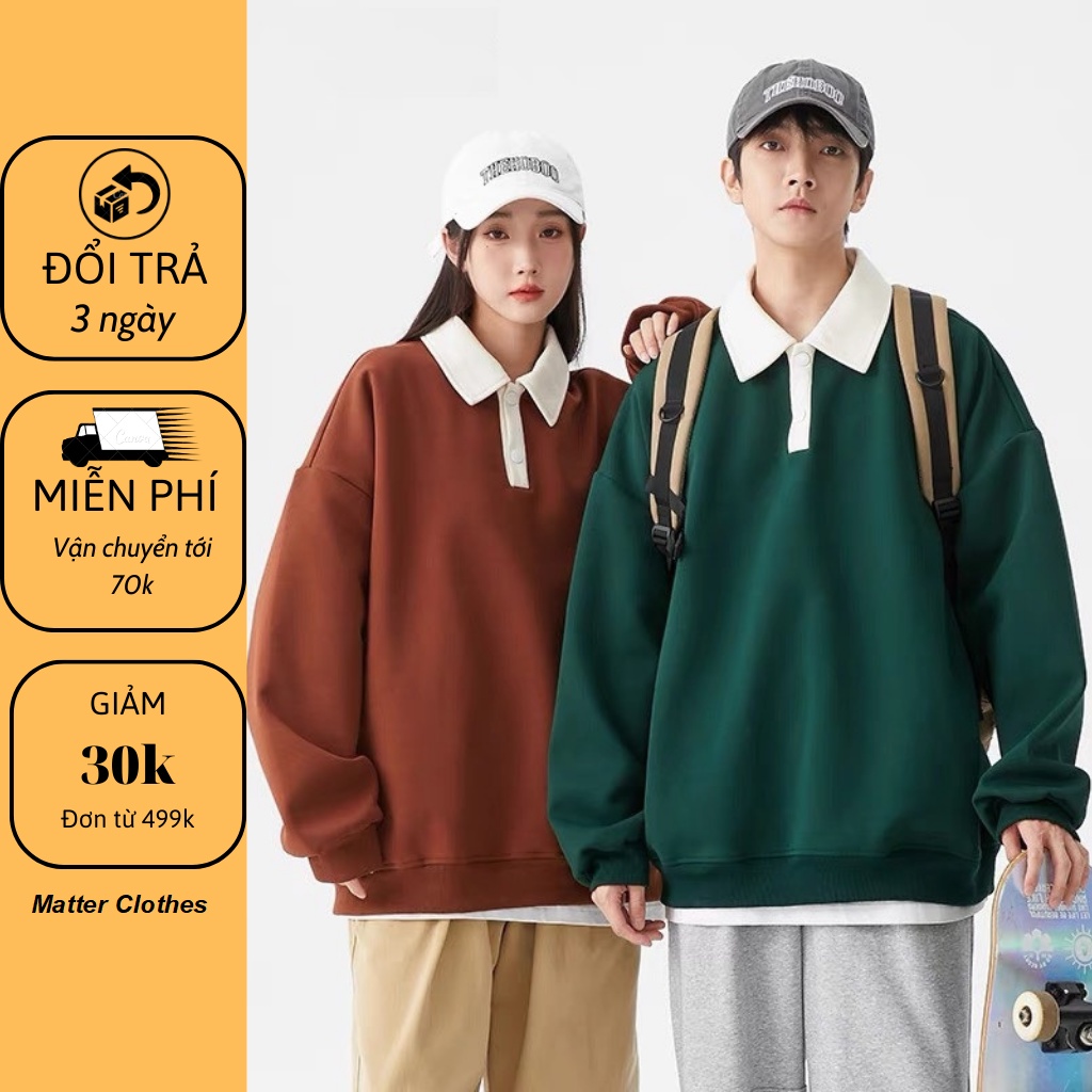 Áo sweater kiểu dáng polo unisex - Áo dáng rộng cổ bẻ tay dài Ulzzang phong cách Hàn Quốc