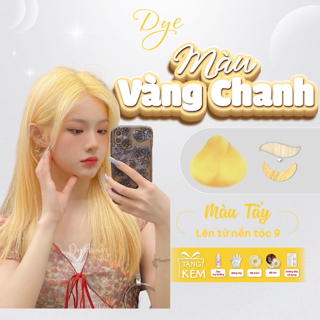 Thuốc nhuộm tóc, thuốc nhuộm tóc màu VÀNG CHANH, DYE HAIR, tặng kèm oxy trợ dưỡng và bao tay