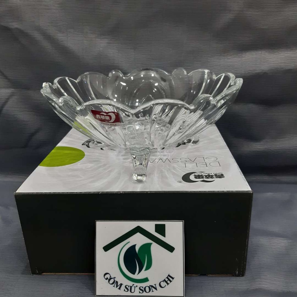 Đĩa đựng trái cây phòng khách-Thủy tinh Deli- Đĩa dày đẹp có 3 chân-ĐK 20cm