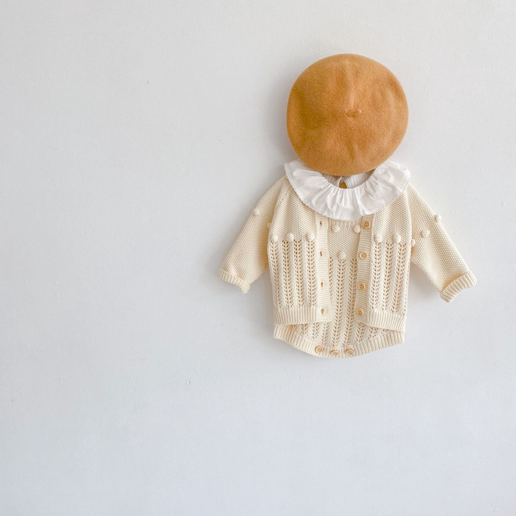 Bộ Áo Liền Quần + Áo Khoác Cardigan Dệt Kim Vải Cotton Handmade Thời Trang Xuân Thu Xinh Xắn Cho Bé Trai Và Gái
