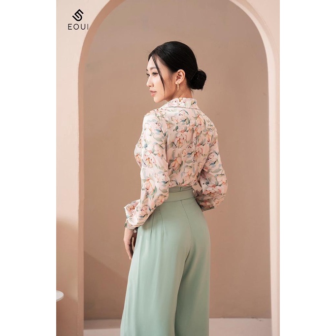 Áo sơ mi nữ EOUI E0003A5 kiểu dáng basic, chất lụa họa tiết hoa hồng cam dành cho dân văn phòng, công sở, dạo phố