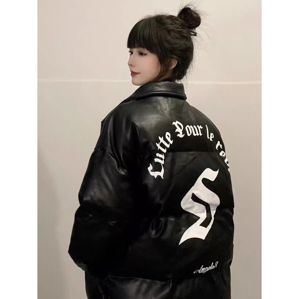 Áo phao da trần bông mùa đông , Áo ấm mùa đông chất da pu dáng rộng chữ in thời trang nam nữ 2022