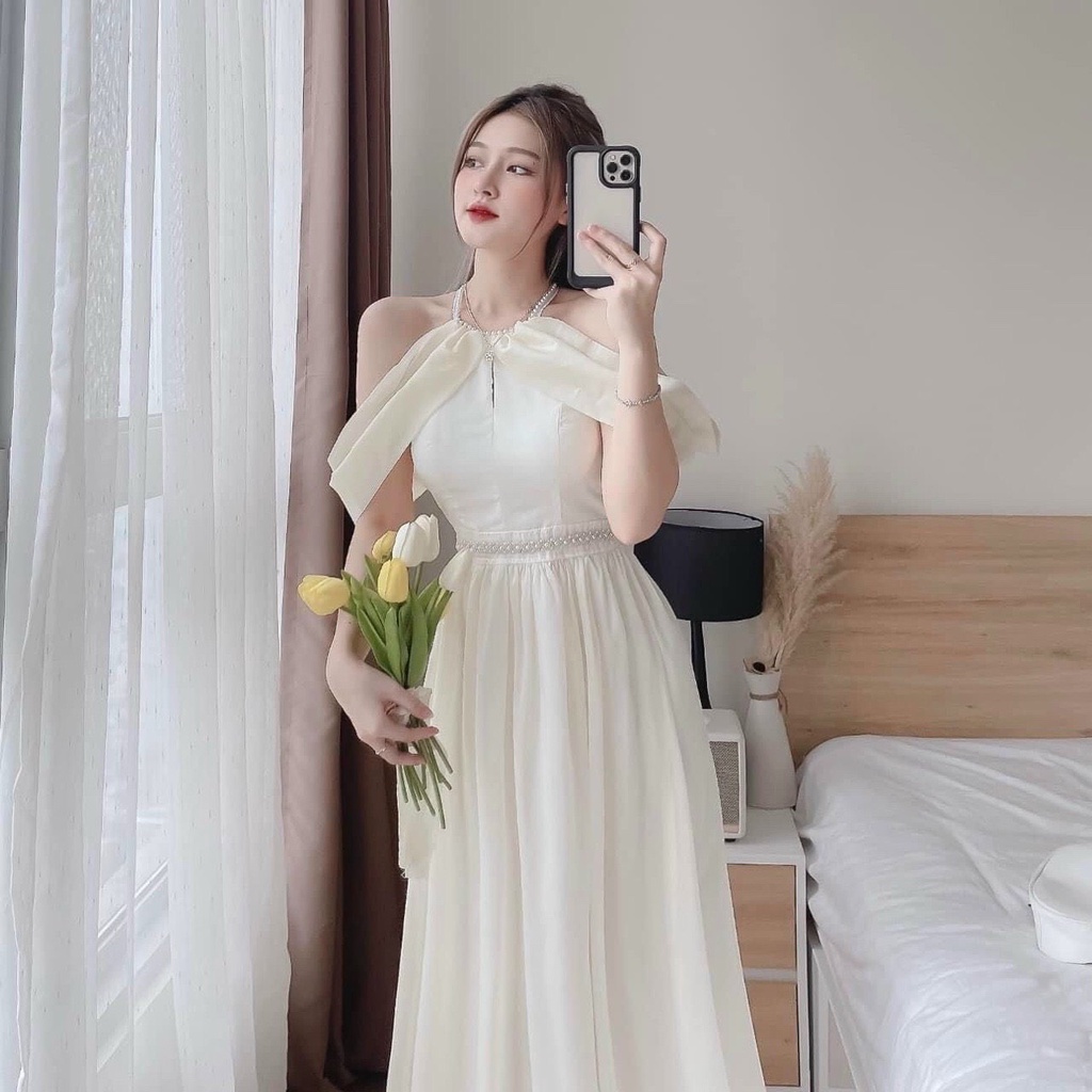 Đầm Váy Nữ Maxi Chất Vải Voan Chingfon Phối Dây Cườm Cổ Rớt Vai Thiết Kế Sang Chảnh Đi Làm Công Sở, Dạ Hội Và Du Lịch