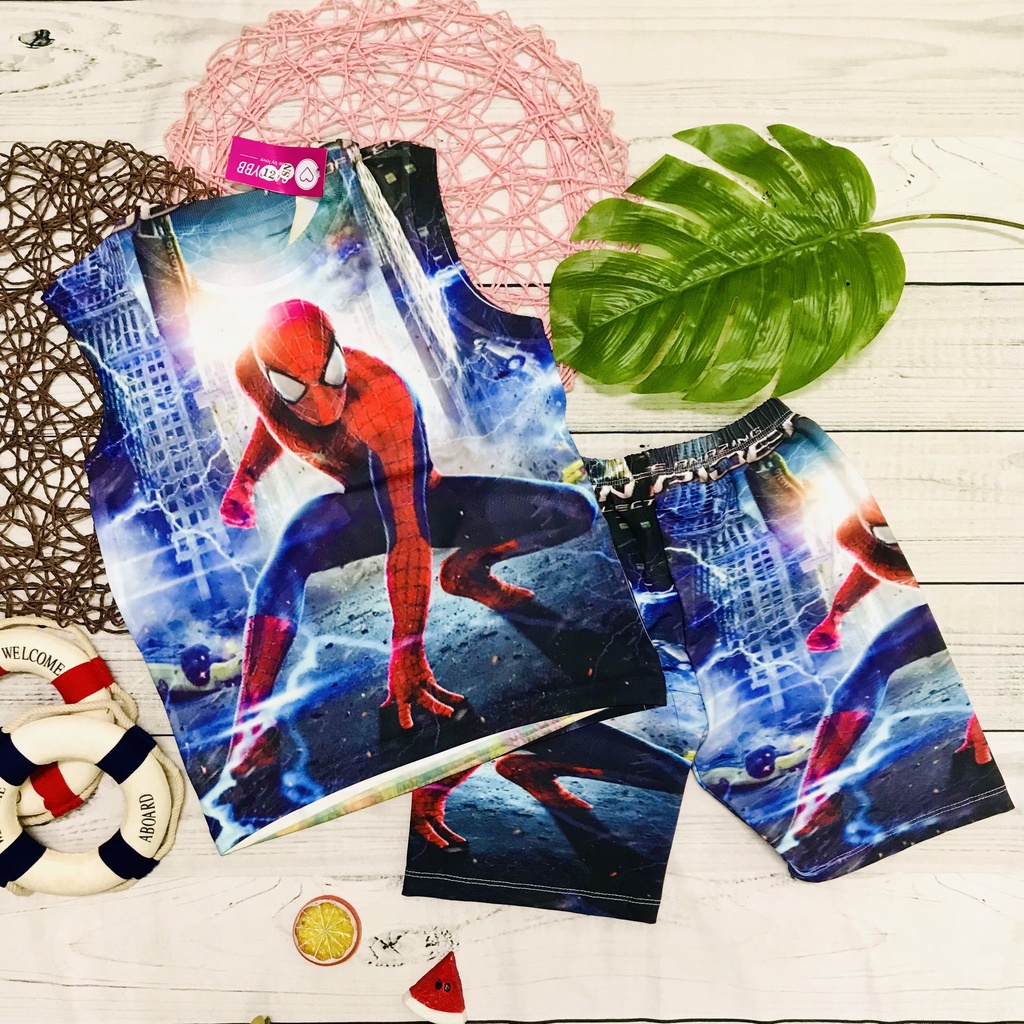 Bộ sát nách siêu nhân người nhện bé trai 10kg -60kg, bộ ba lỗ thun lạnh spider man Batman Iron Man Captain Avengers